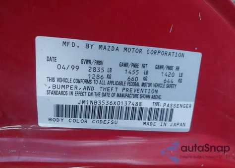 1999 Mazda Mx-5 Miata Leather Pkg/Popular Equipment Pkg/Sports Pkg/Touring Pkg from USA, damaged, VIN JM1NB3536X0137488